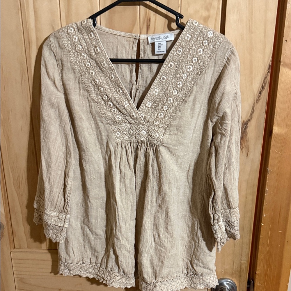 Rachel Zoe Beige Lace-Trim V-Neck Blouse